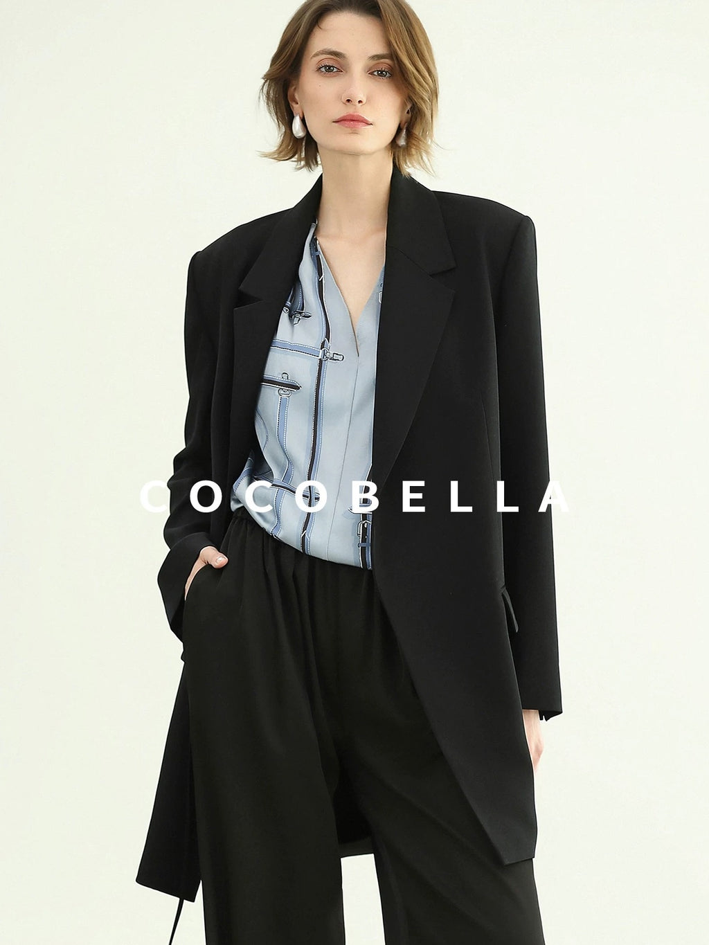 COCOBELLA Tie Waist Pocketed Straight Cut Longline Women Office Black Polyester Blazers