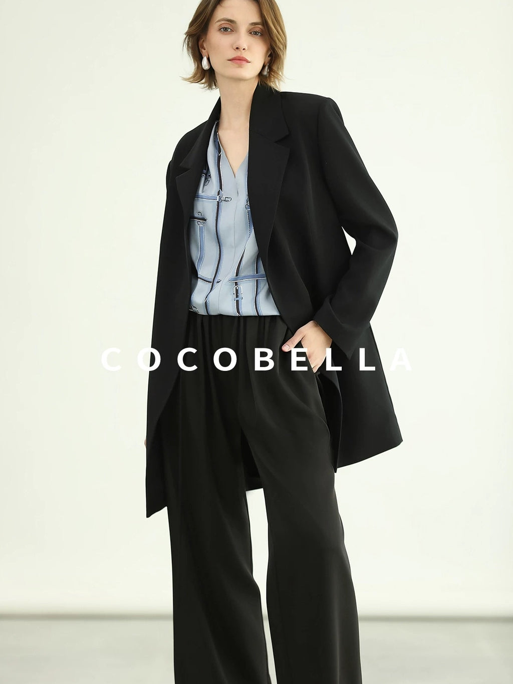 COCOBELLA Tie Waist Pocketed Straight Cut Longline Women Office Black Polyester Blazers