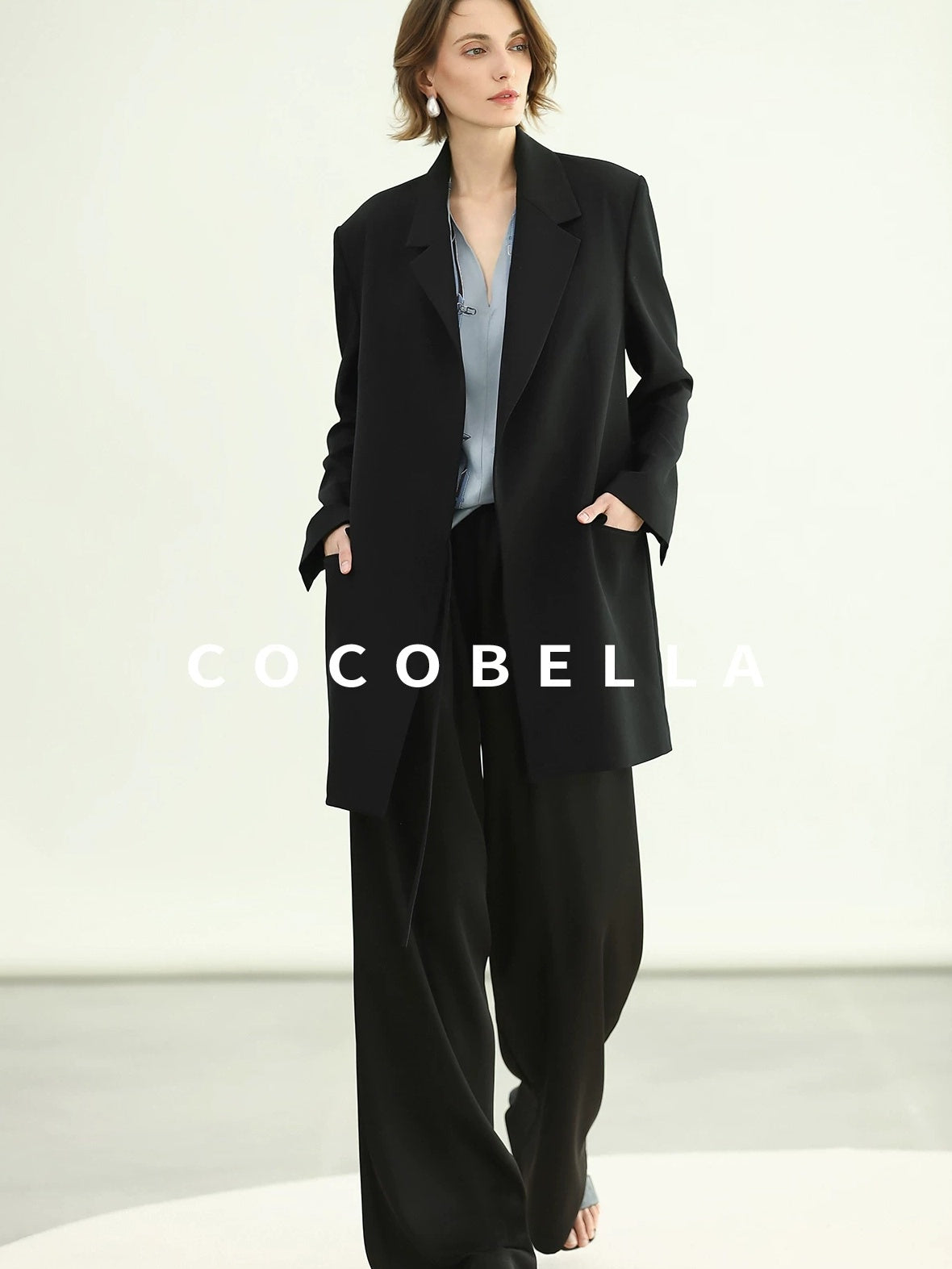 COCOBELLA Tie Waist Pocketed Straight Cut Longline Women Office Black Polyester Blazers