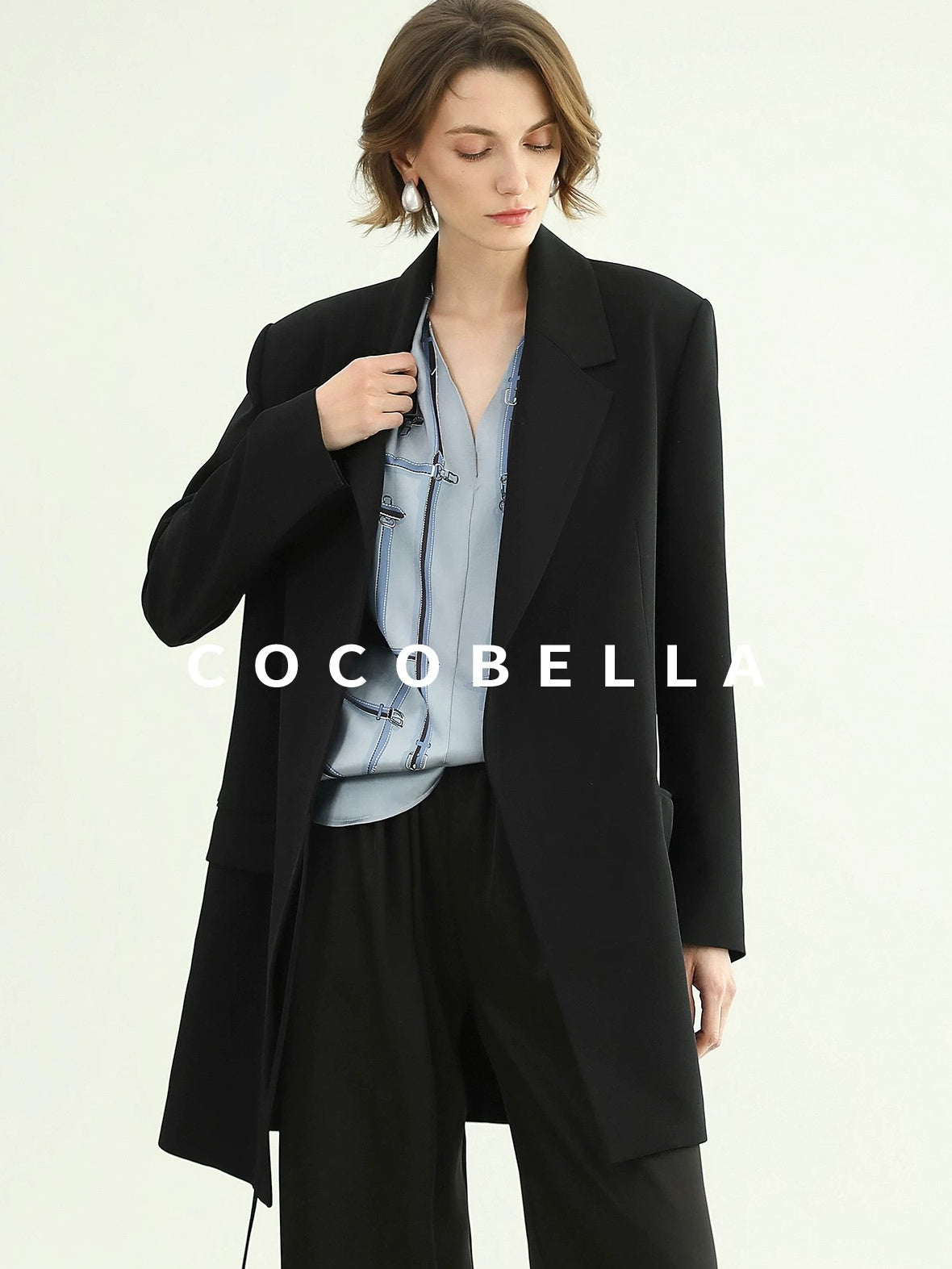COCOBELLA Tie Waist Pocketed Straight Cut Longline Women Office Black Polyester Blazers
