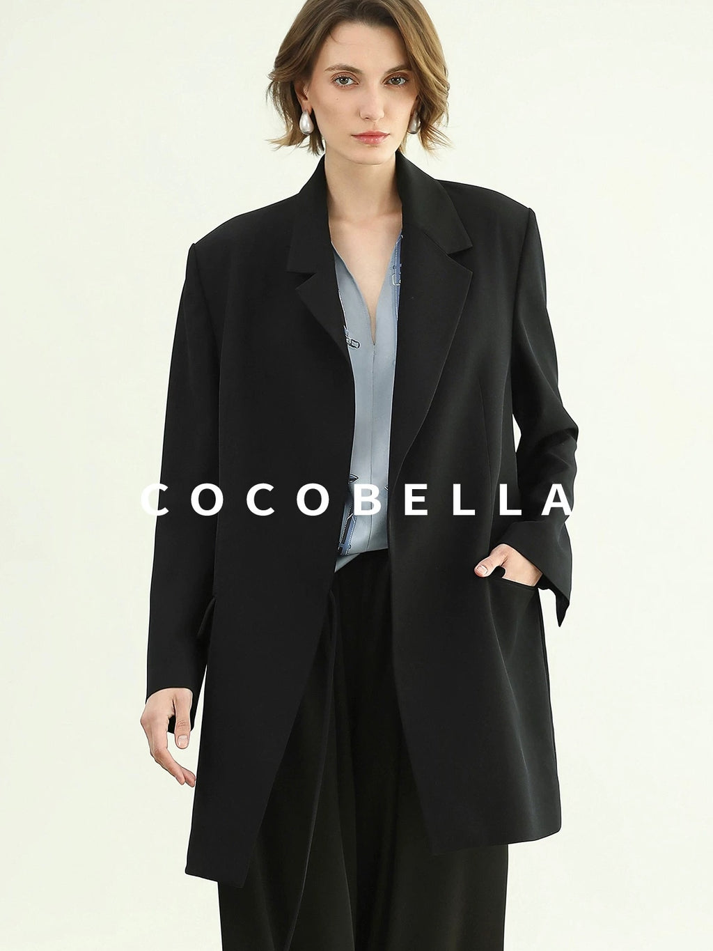 COCOBELLA Tie Waist Pocketed Straight Cut Longline Women Office Black Polyester Blazers