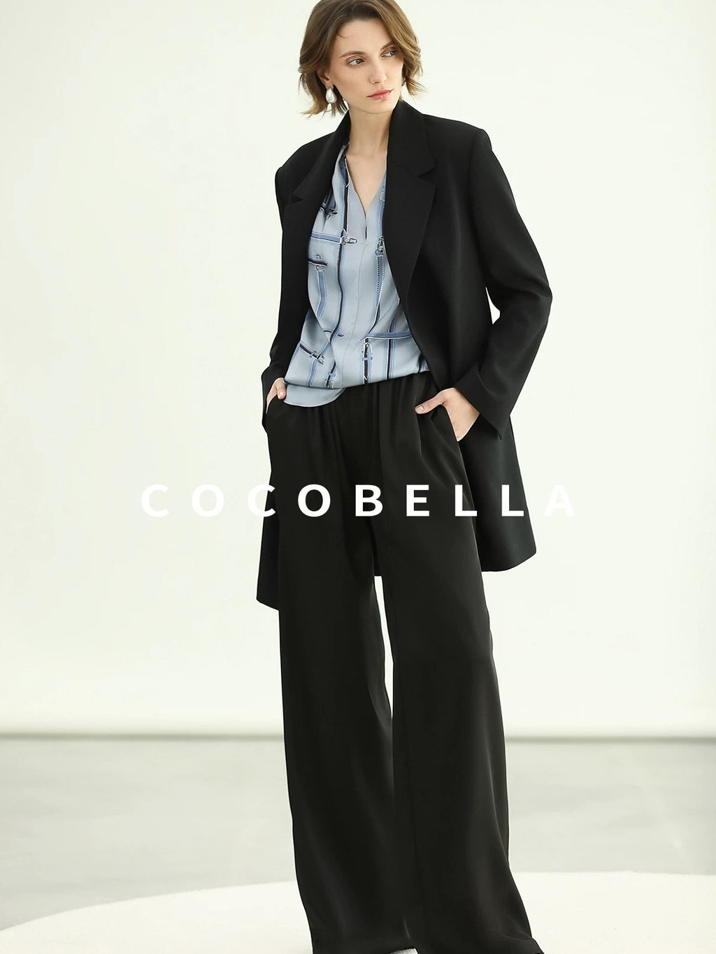 COCOBELLA Tie Waist Pocketed Straight Cut Longline Women Office Black Polyester Blazers
