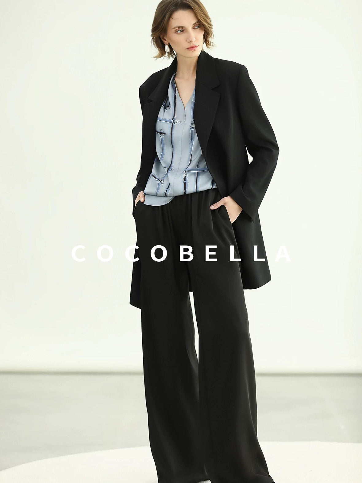COCOBELLA Tie Waist Pocketed Straight Cut Longline Women Office Black Polyester Blazers