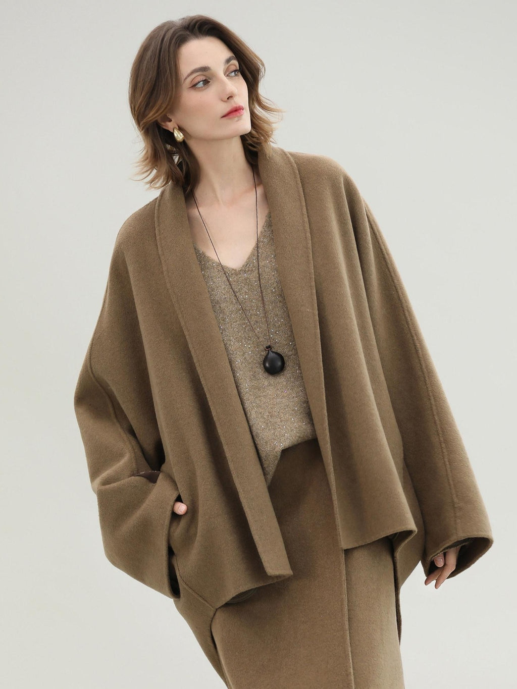 COCOBELLA Two Piece Wool Blend Fringed Midi Set Office Cardigan Women Tobacco Brown Skirts