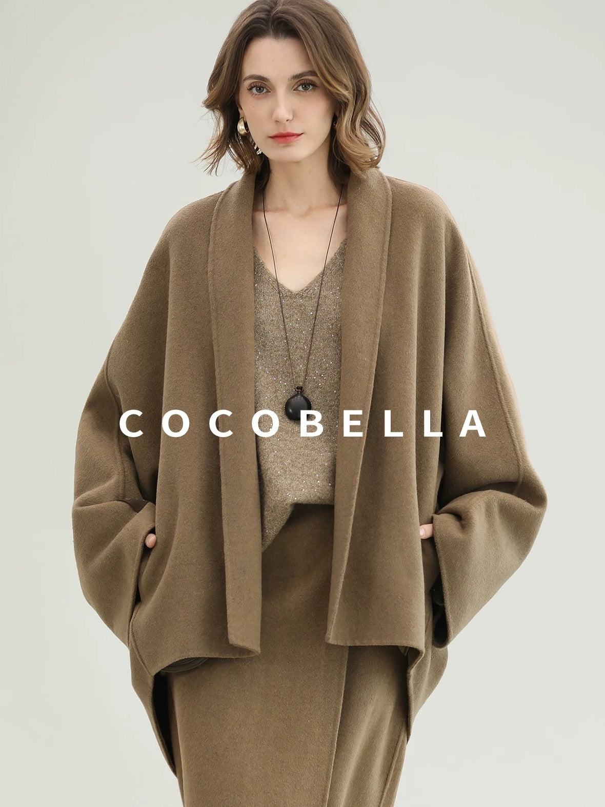 COCOBELLA Two Piece Wool Blend Fringed Midi Set Office Cardigan Women Tobacco Brown Skirts