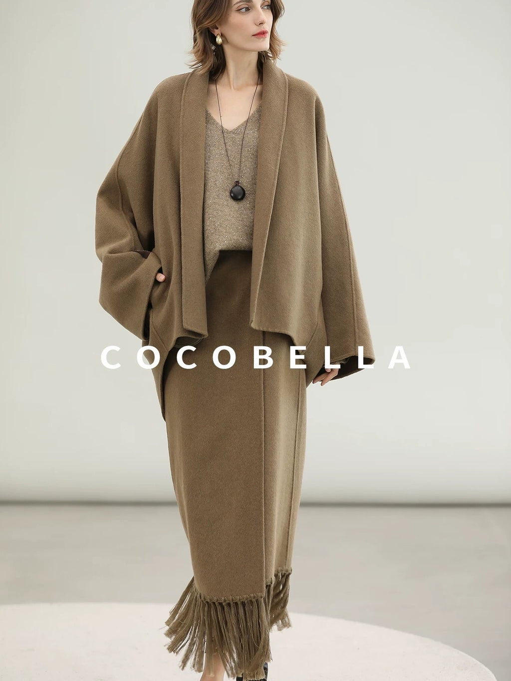COCOBELLA Two Piece Wool Blend Fringed Midi Set Office Cardigan Women Tobacco Brown Skirts