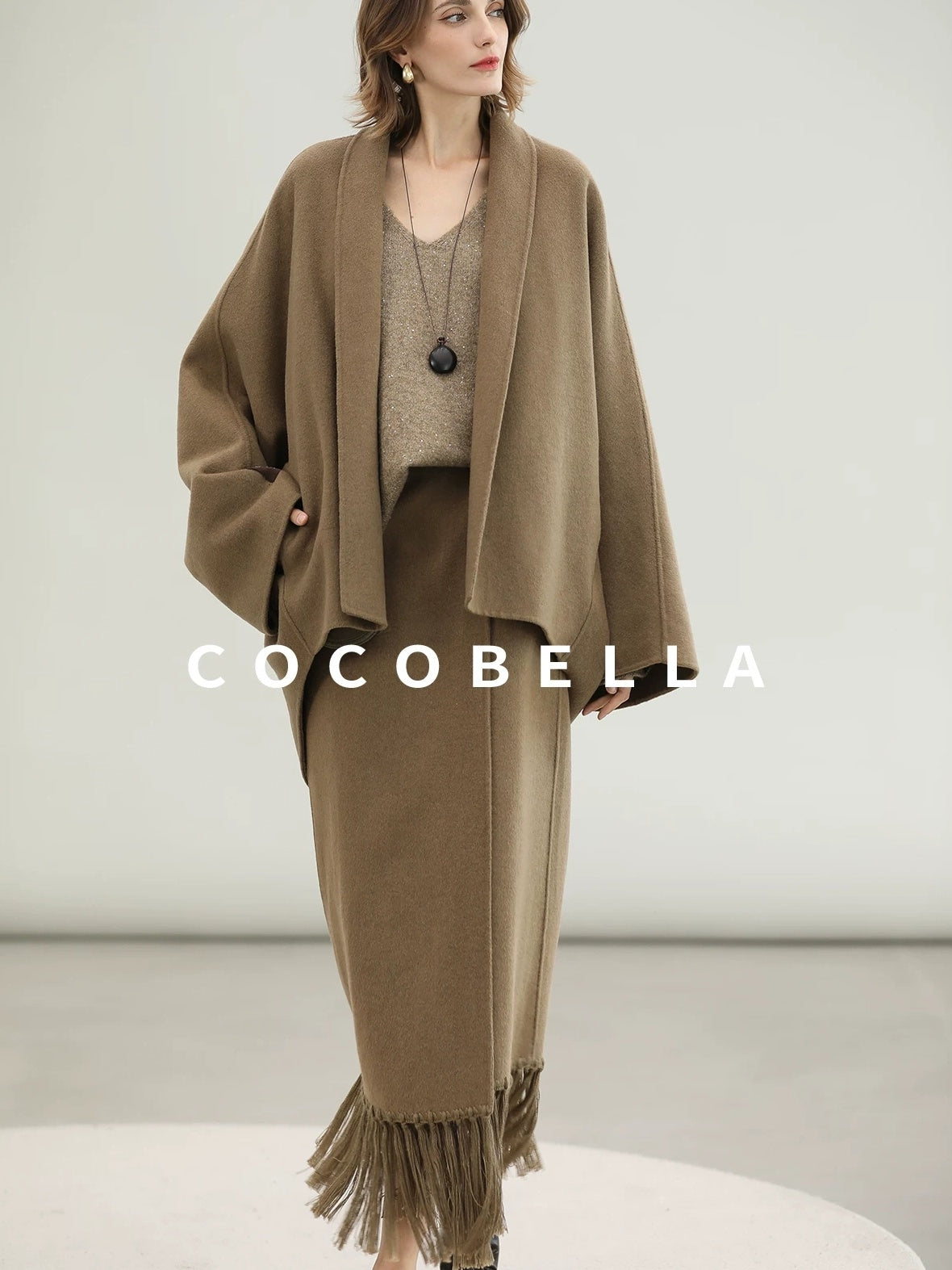 COCOBELLA Two Piece Wool Blend Fringed Midi Set Office Cardigan Women Tobacco Brown Skirts