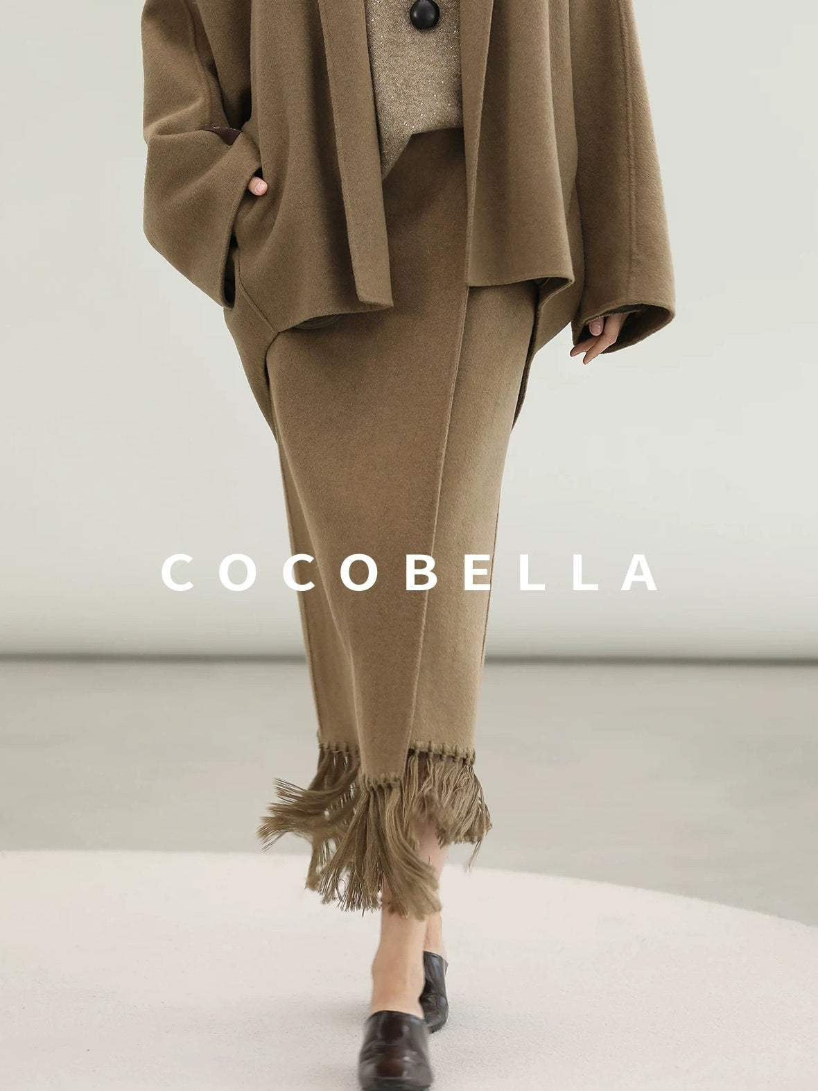 COCOBELLA Two Piece Wool Blend Fringed Midi Set Office Cardigan Women Tobacco Brown Skirts