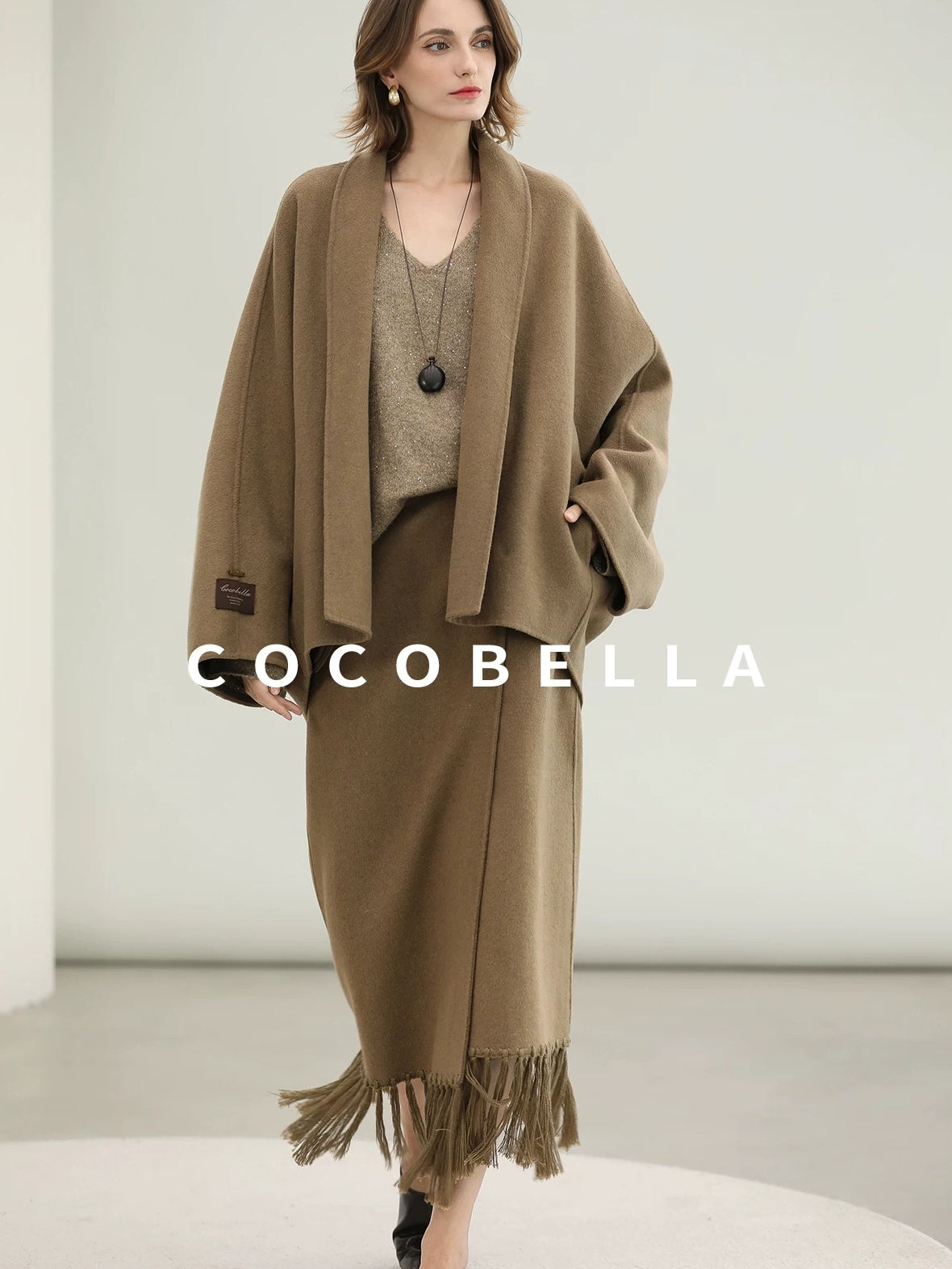 COCOBELLA Two Piece Wool Blend Fringed Midi Set Office Cardigan Women Tobacco Brown Skirts