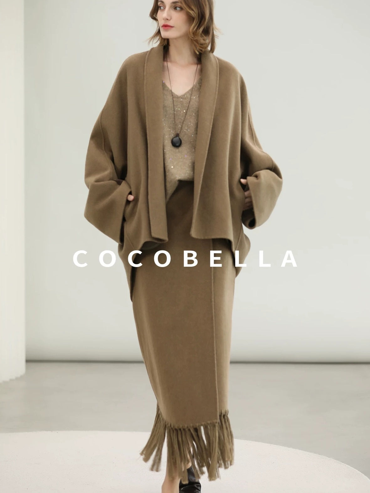 COCOBELLA Two Piece Wool Blend Fringed Midi Set Office Cardigan Women Tobacco Brown Skirts