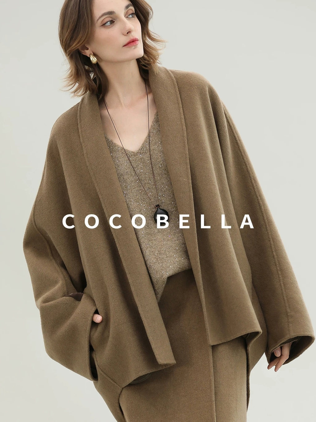 COCOBELLA Two Piece Wool Blend Fringed Midi Set Office Cardigan Women Tobacco Brown Skirts