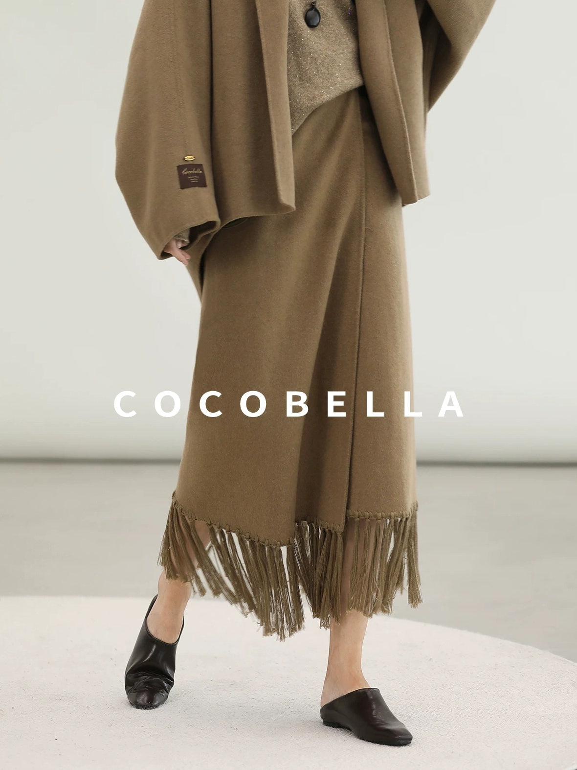 COCOBELLA Two Piece Wool Blend Fringed Midi Set Office Cardigan Women Tobacco Brown Skirts