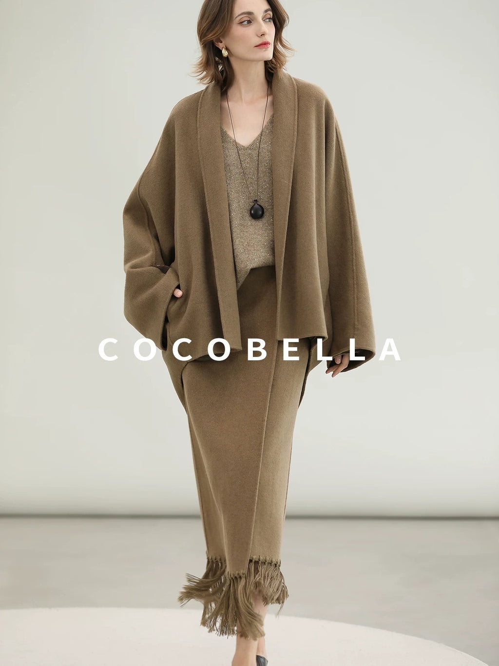 COCOBELLA Two Piece Wool Blend Fringed Midi Set Office Cardigan Women Tobacco Brown Skirts
