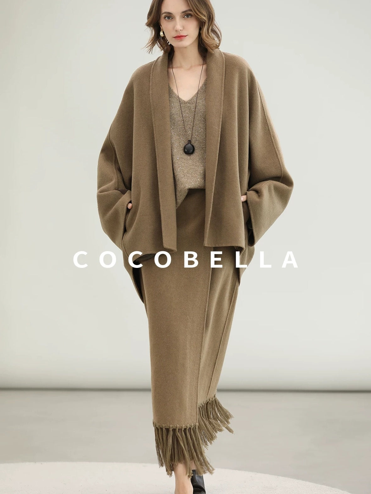 COCOBELLA Two Piece Wool Blend Fringed Midi Set Office Cardigan Women Tobacco Brown Skirts