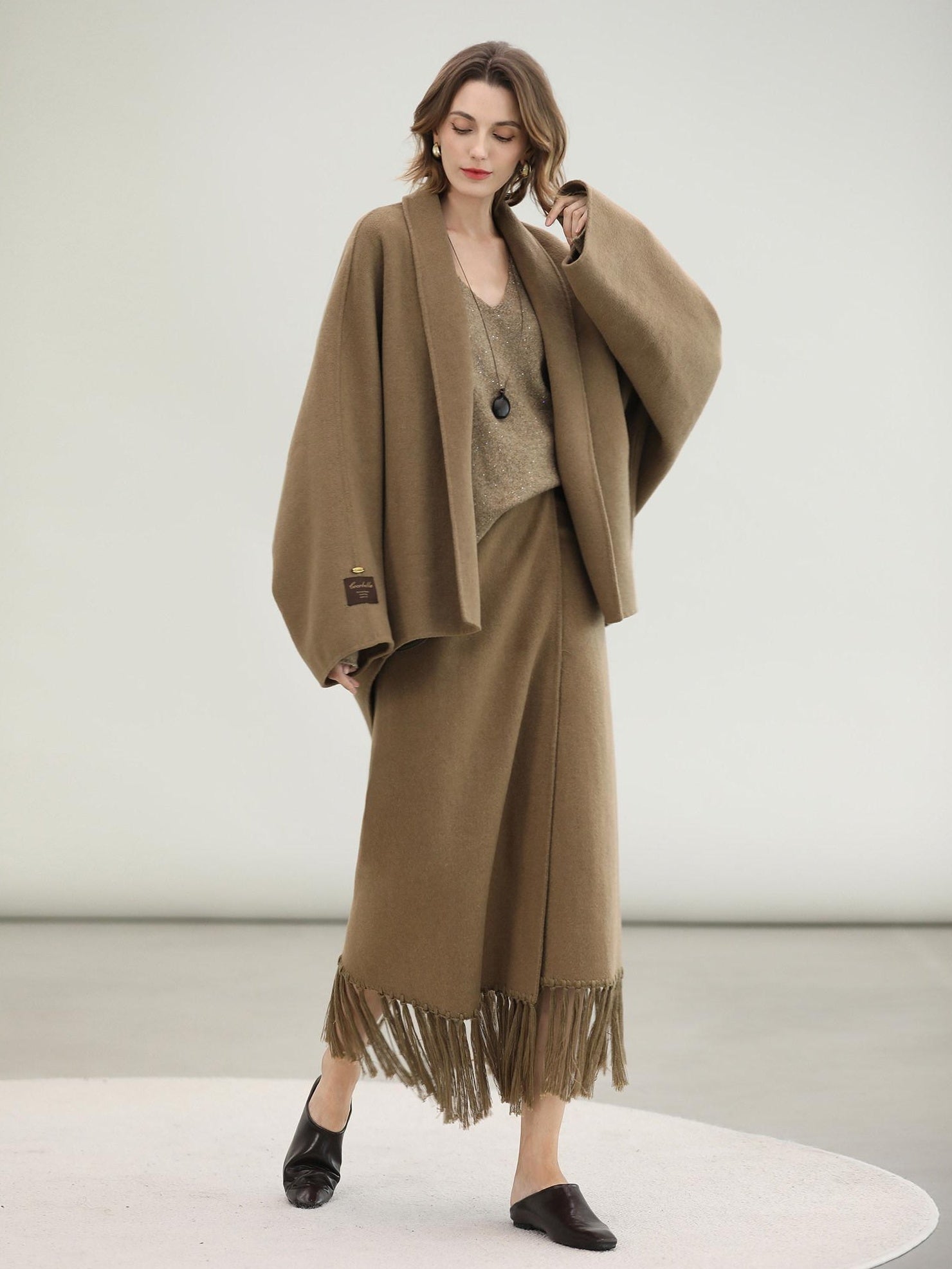 COCOBELLA Two Piece Wool Blend Fringed Midi Set Office Cardigan Women Tobacco Brown Skirts