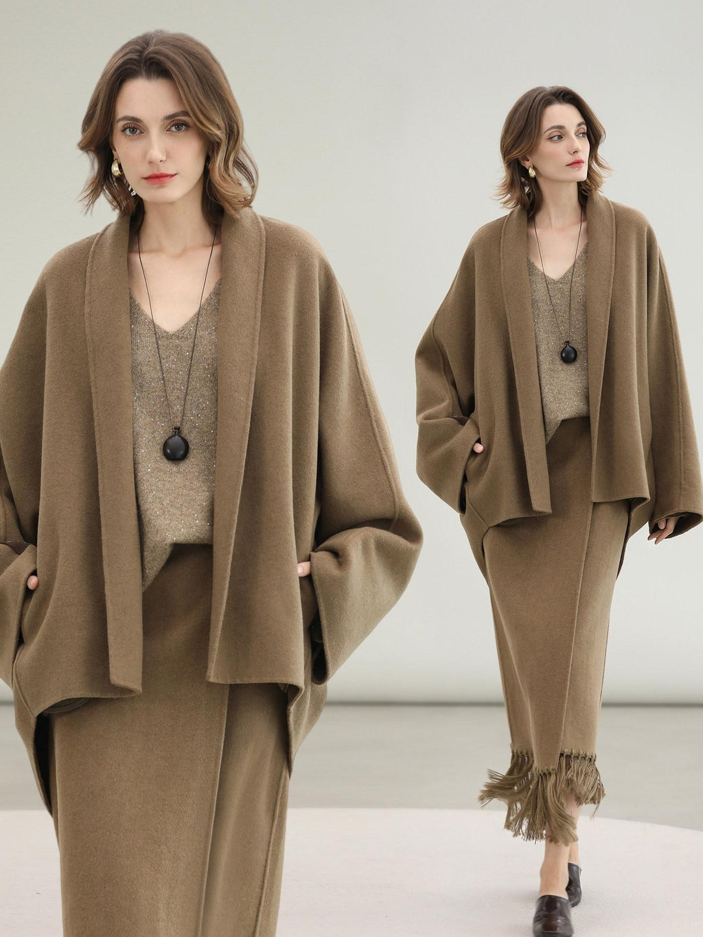 COCOBELLA Two Piece Wool Blend Fringed Midi Set Office Cardigan Women Tobacco Brown Skirts