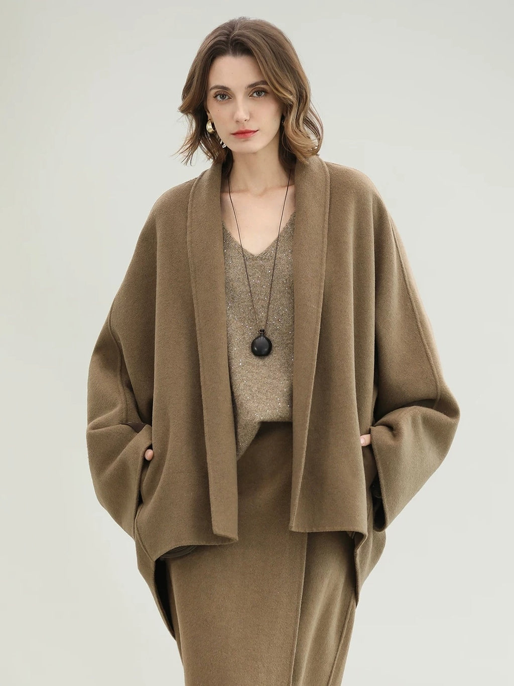 COCOBELLA Two Piece Wool Blend Fringed Midi Set Office Cardigan Women Tobacco Brown Skirts