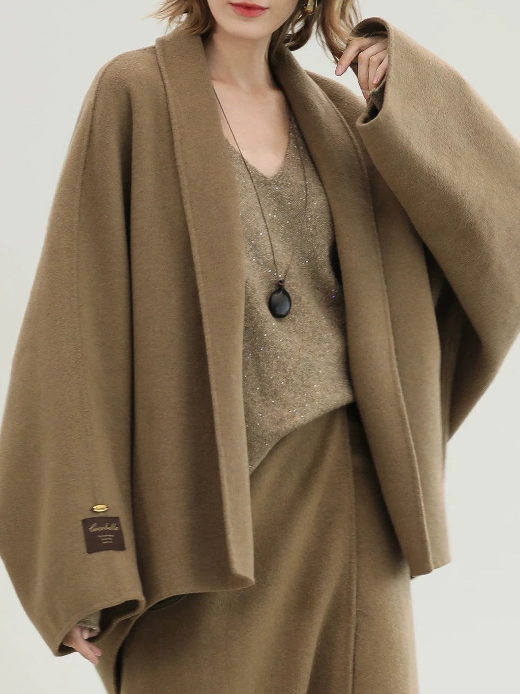 COCOBELLA Two Piece Wool Blend Fringed Midi Set Office Cardigan Women Tobacco Brown Skirts