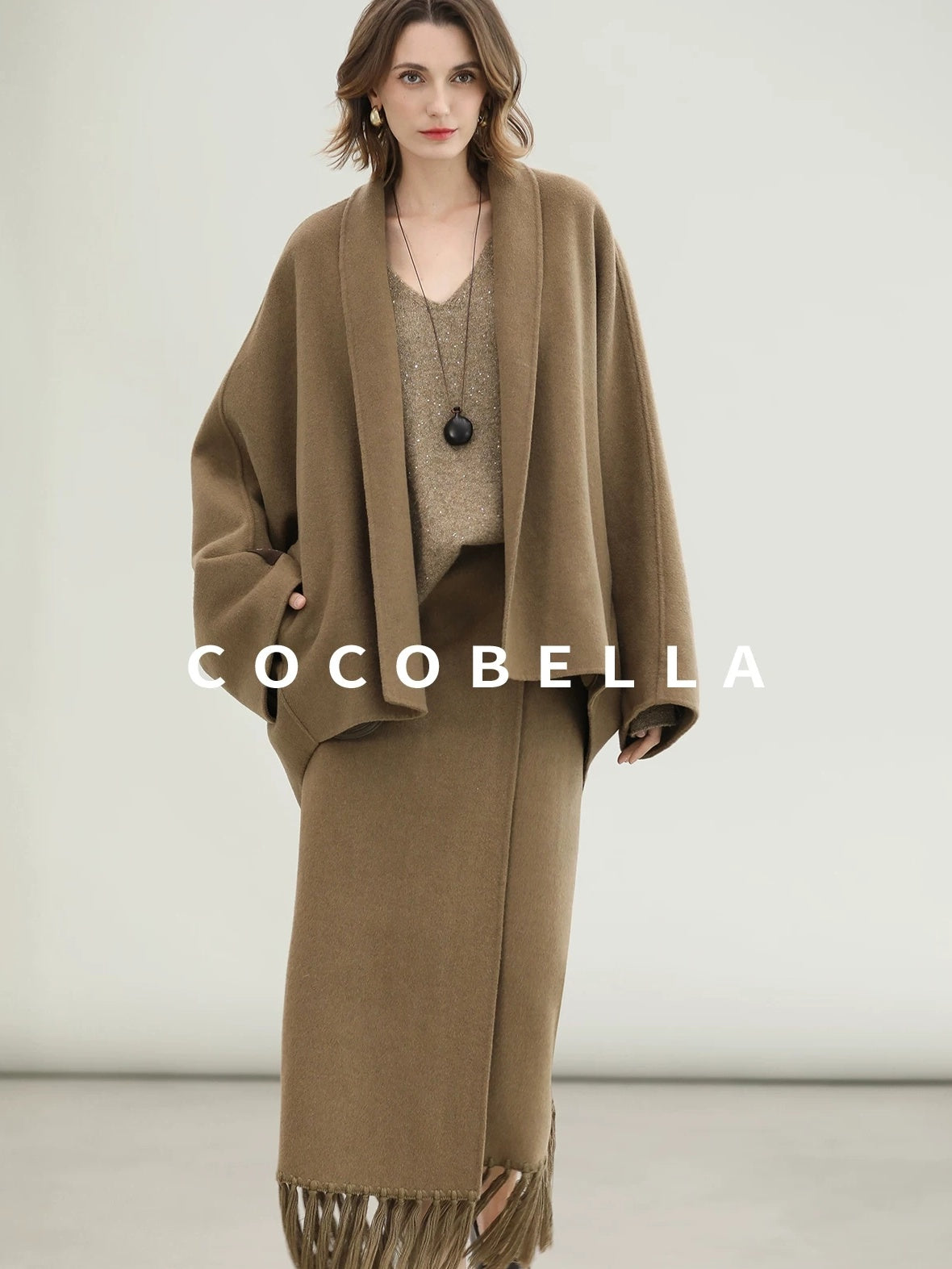 COCOBELLA Two Piece Wool Blend Fringed Midi Set Office Cardigan Women Tobacco Brown Skirts