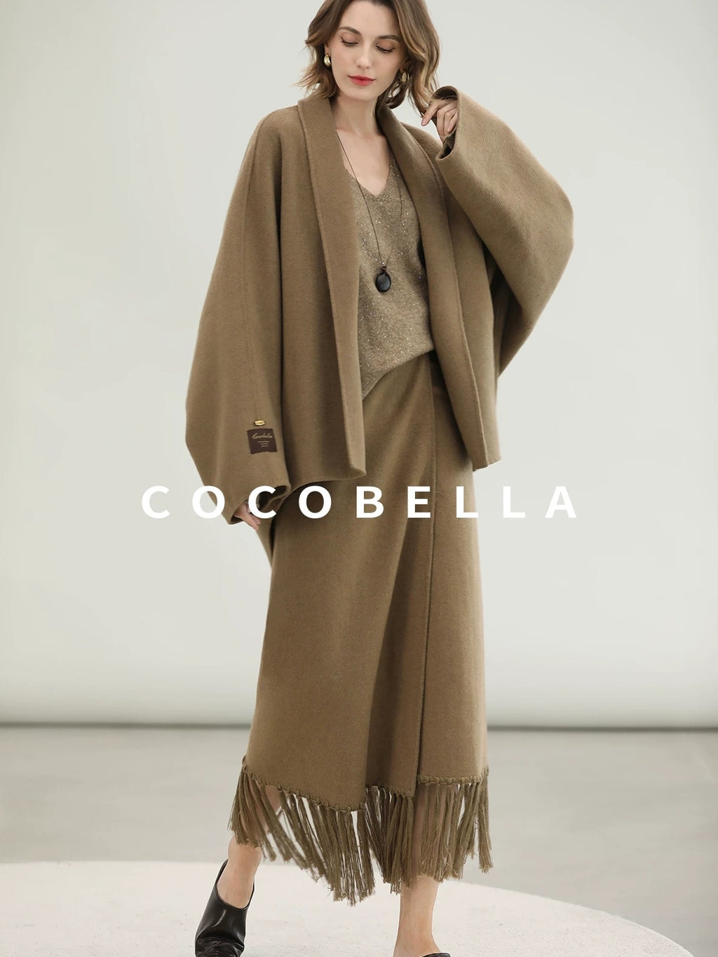 COCOBELLA Two Piece Wool Blend Fringed Midi Set Office Cardigan Women Tobacco Brown Skirts