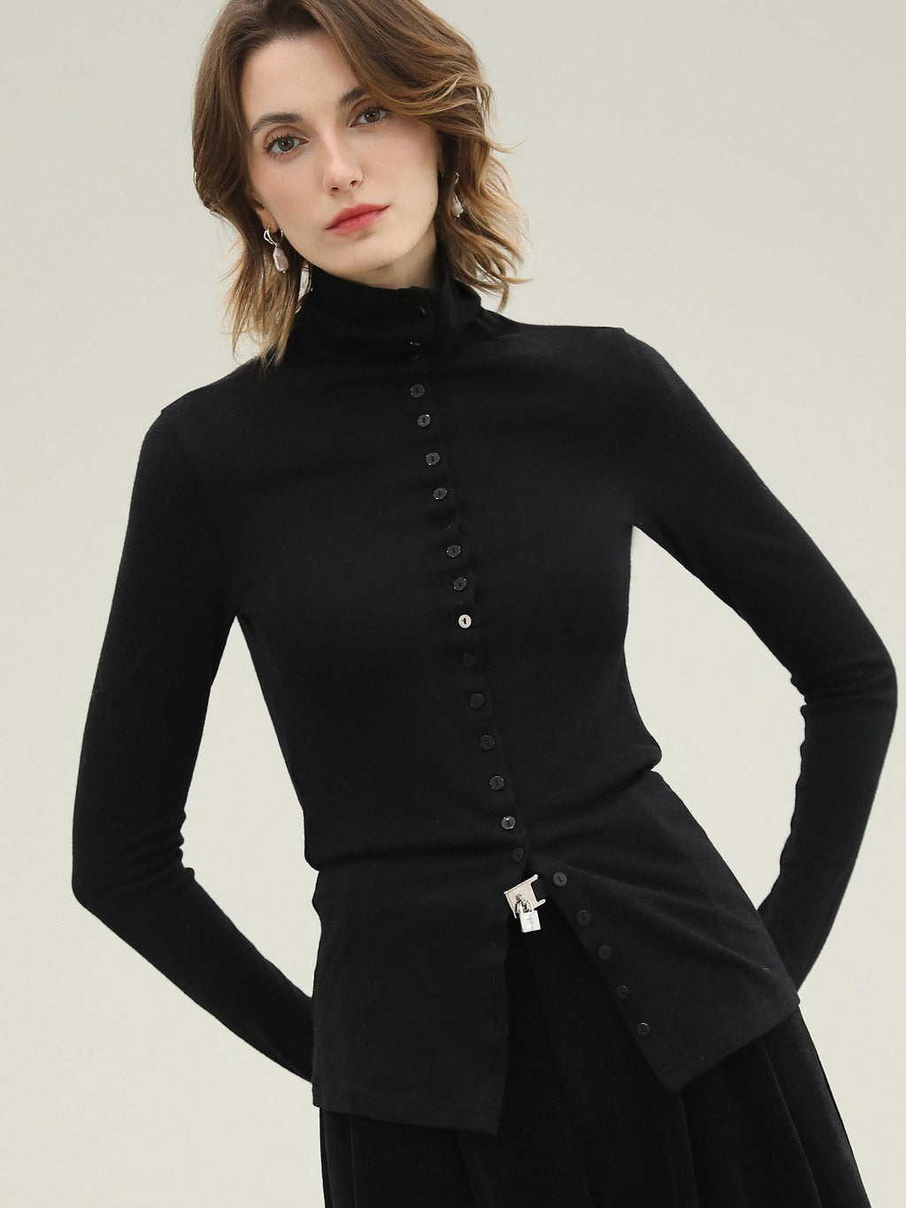 COCOBELLA Ultra Soft Minimalist Slim High Neck Button Long Sleeve Work Women T-Shirts