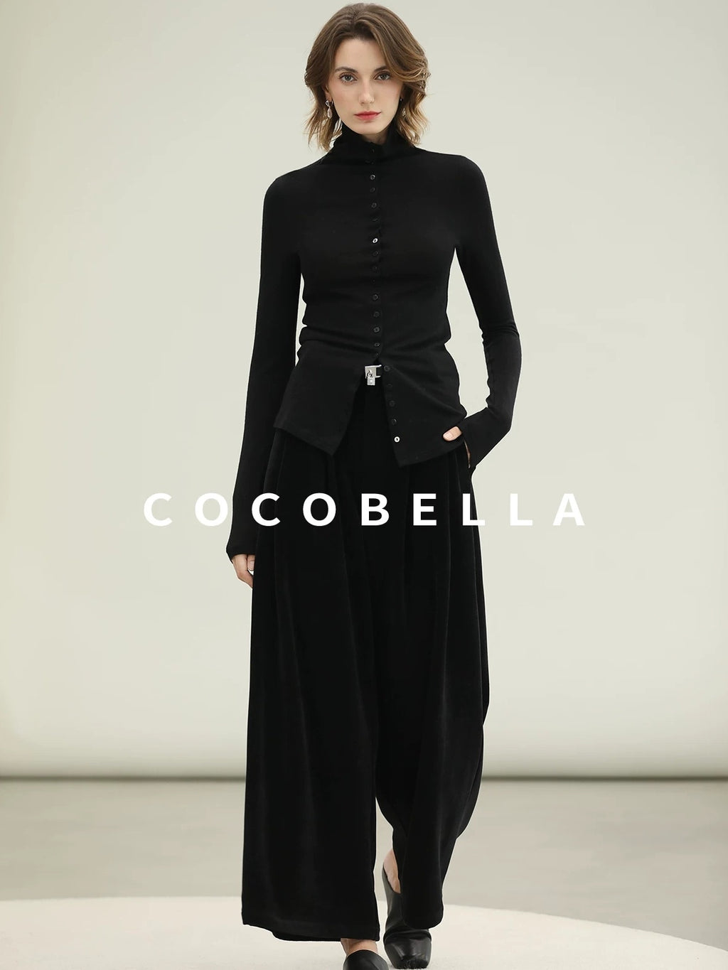 COCOBELLA Ultra Soft Minimalist Slim High Neck Button Long Sleeve Work Women T-Shirts