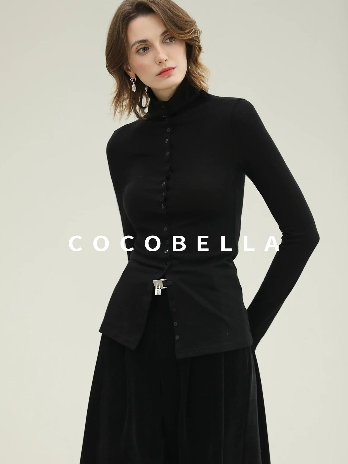 COCOBELLA Ultra Soft Minimalist Slim High Neck Button Long Sleeve Work Women T-Shirts