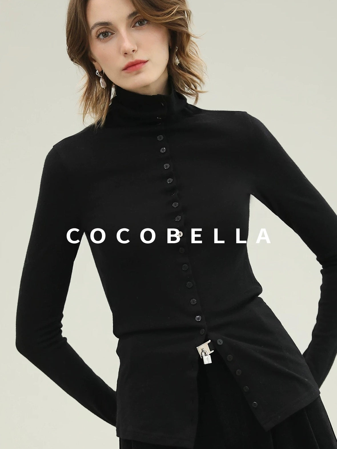 COCOBELLA Ultra Soft Minimalist Slim High Neck Button Long Sleeve Work Women T-Shirts