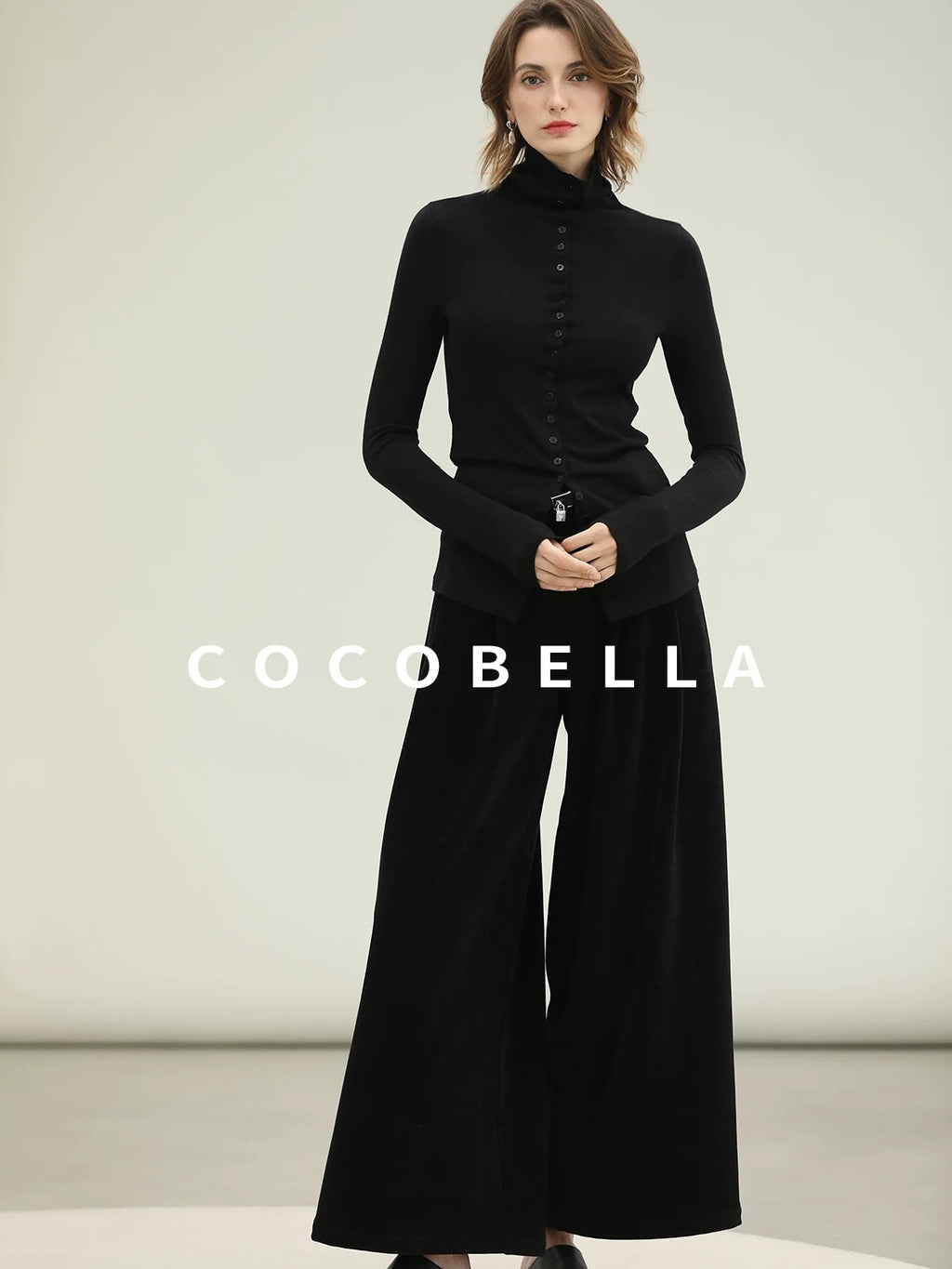 COCOBELLA Ultra Soft Minimalist Slim High Neck Button Long Sleeve Work Women T-Shirts