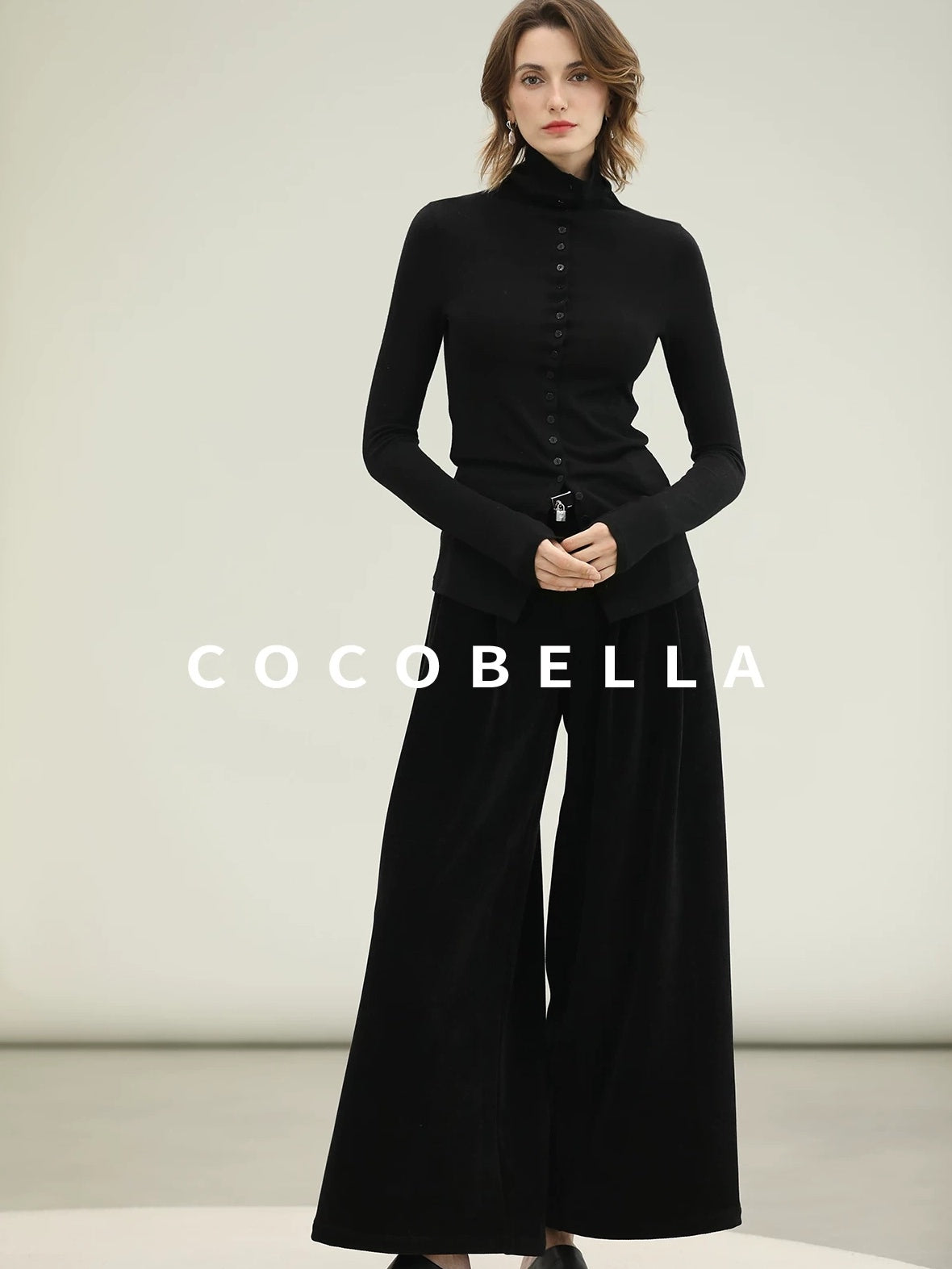 COCOBELLA Ultra Soft Minimalist Slim High Neck Button Long Sleeve Work Women T-Shirts