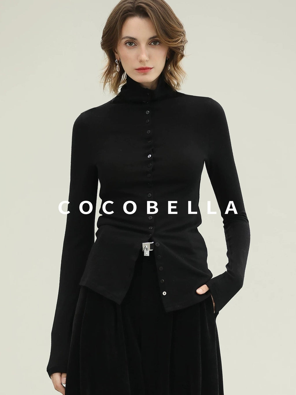 COCOBELLA Ultra Soft Minimalist Slim High Neck Button Long Sleeve Work Women T-Shirts