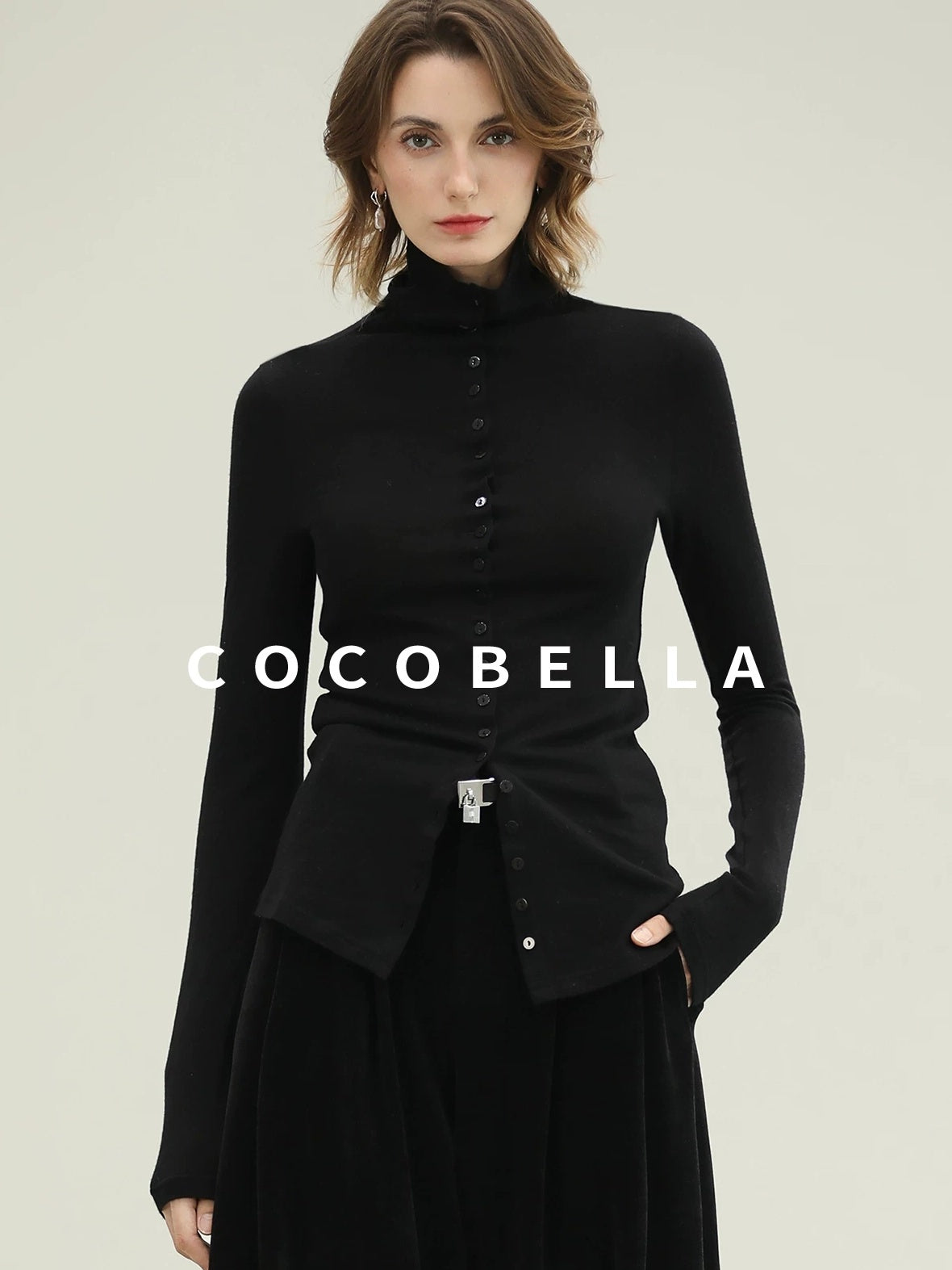 COCOBELLA Ultra Soft Minimalist Slim High Neck Button Long Sleeve Work Women T-Shirts