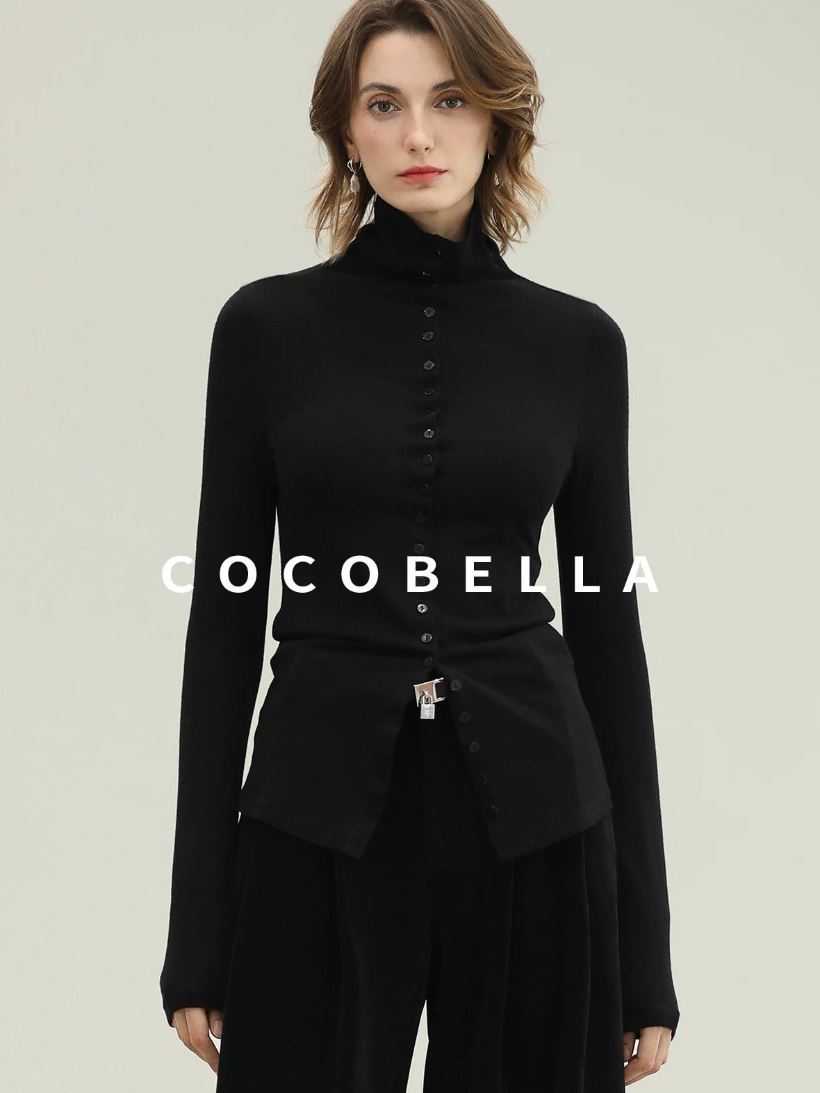COCOBELLA Ultra Soft Minimalist Slim High Neck Button Long Sleeve Work Women T-Shirts