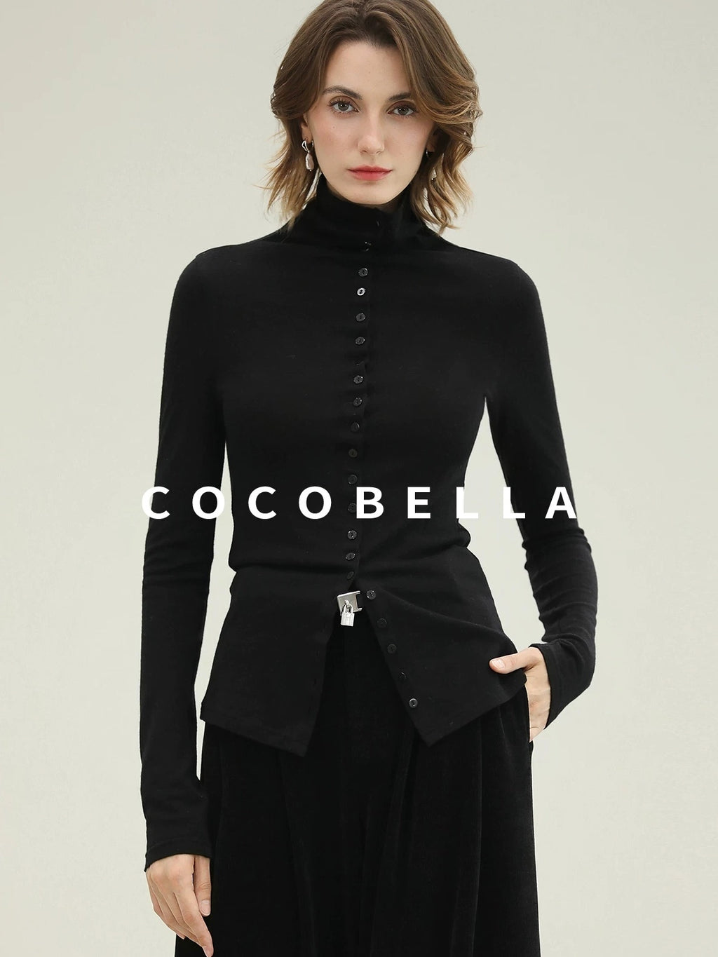 COCOBELLA Ultra Soft Minimalist Slim High Neck Button Long Sleeve Work Women T-Shirts