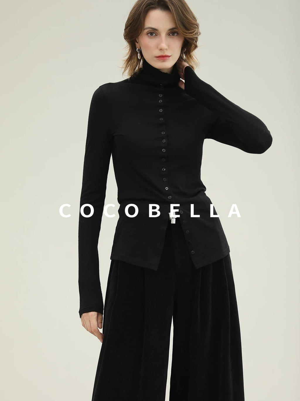 COCOBELLA Ultra Soft Minimalist Slim High Neck Button Long Sleeve Work Women T-Shirts
