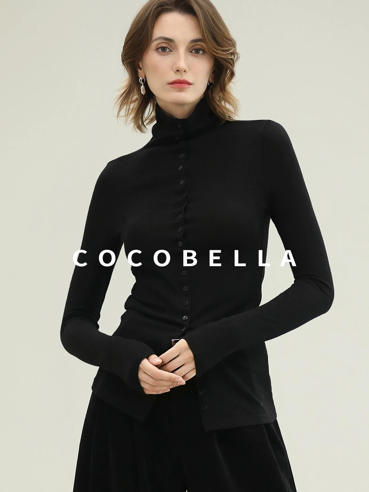 COCOBELLA Ultra Soft Minimalist Slim High Neck Button Long Sleeve Work Women T-Shirts