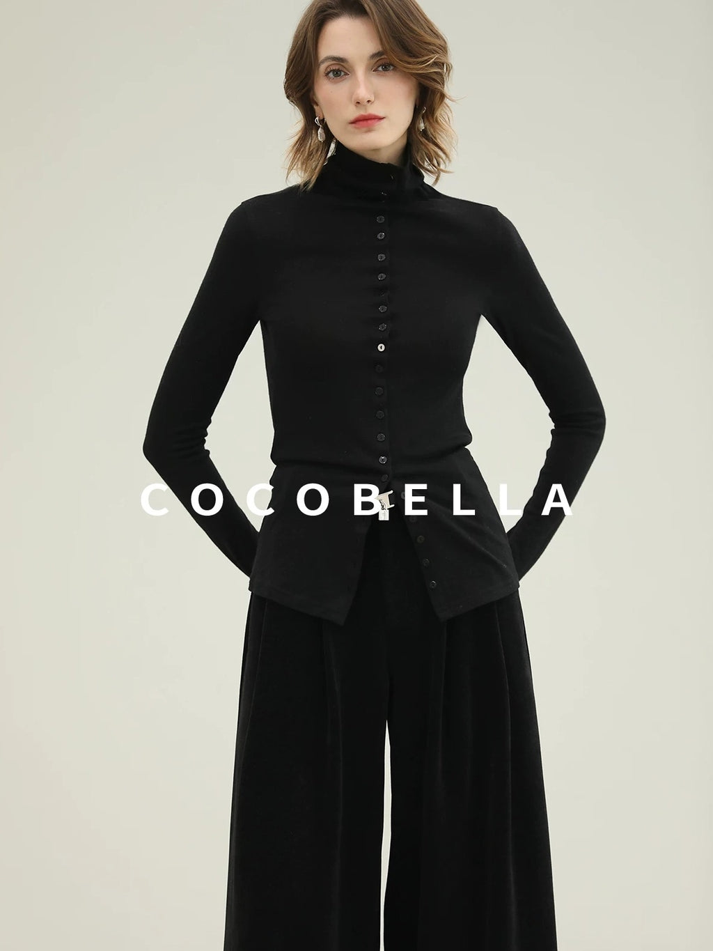 COCOBELLA Ultra Soft Minimalist Slim High Neck Button Long Sleeve Work Women T-Shirts