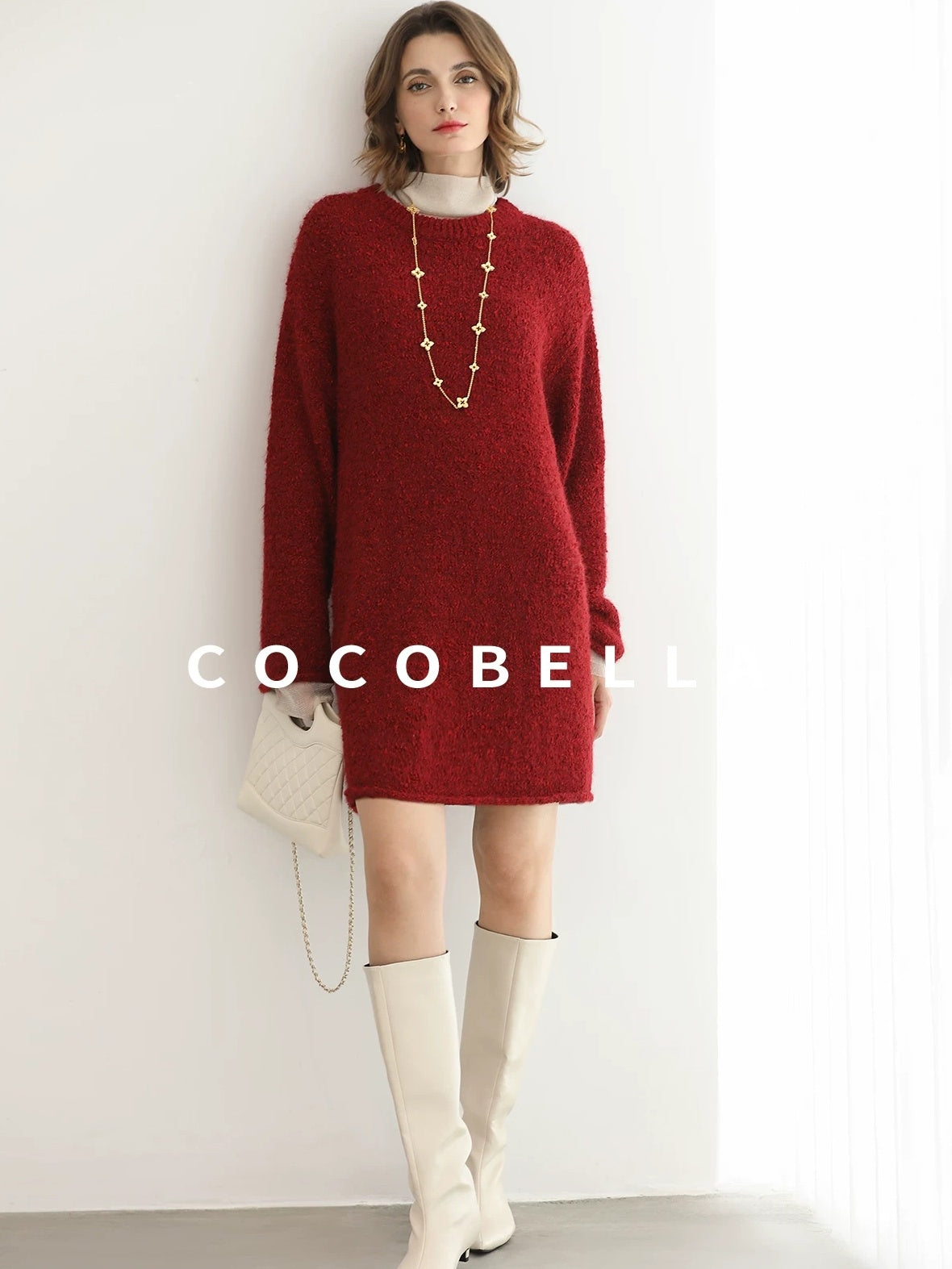 COCOBELLA Ultra Soft Stretch Minimal H Silhouette Long Sleeve Knit Cherry Red Dresses