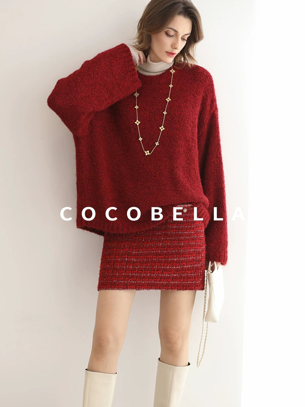 COCOBELLA Ultra Soft Stretch Minimal H Silhouette Long Sleeve Knit Cherry Red Dresses