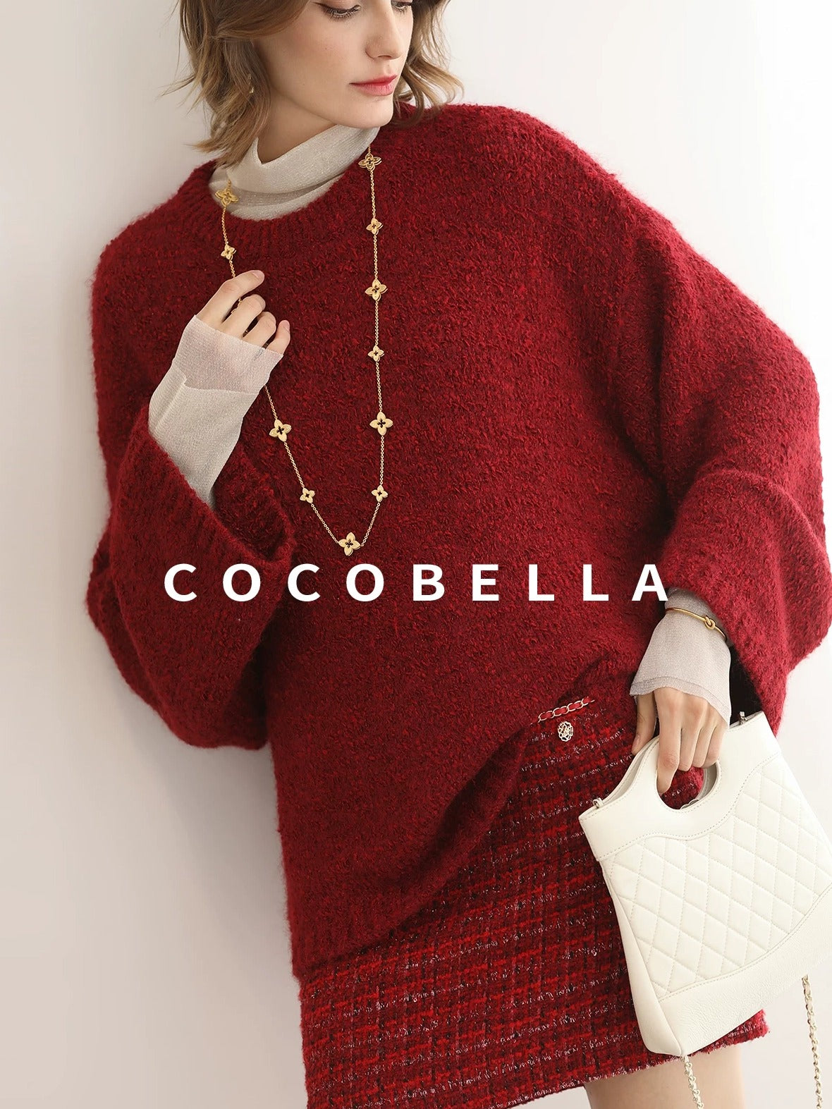 COCOBELLA Ultra Soft Stretch Minimal H Silhouette Long Sleeve Knit Cherry Red Dresses