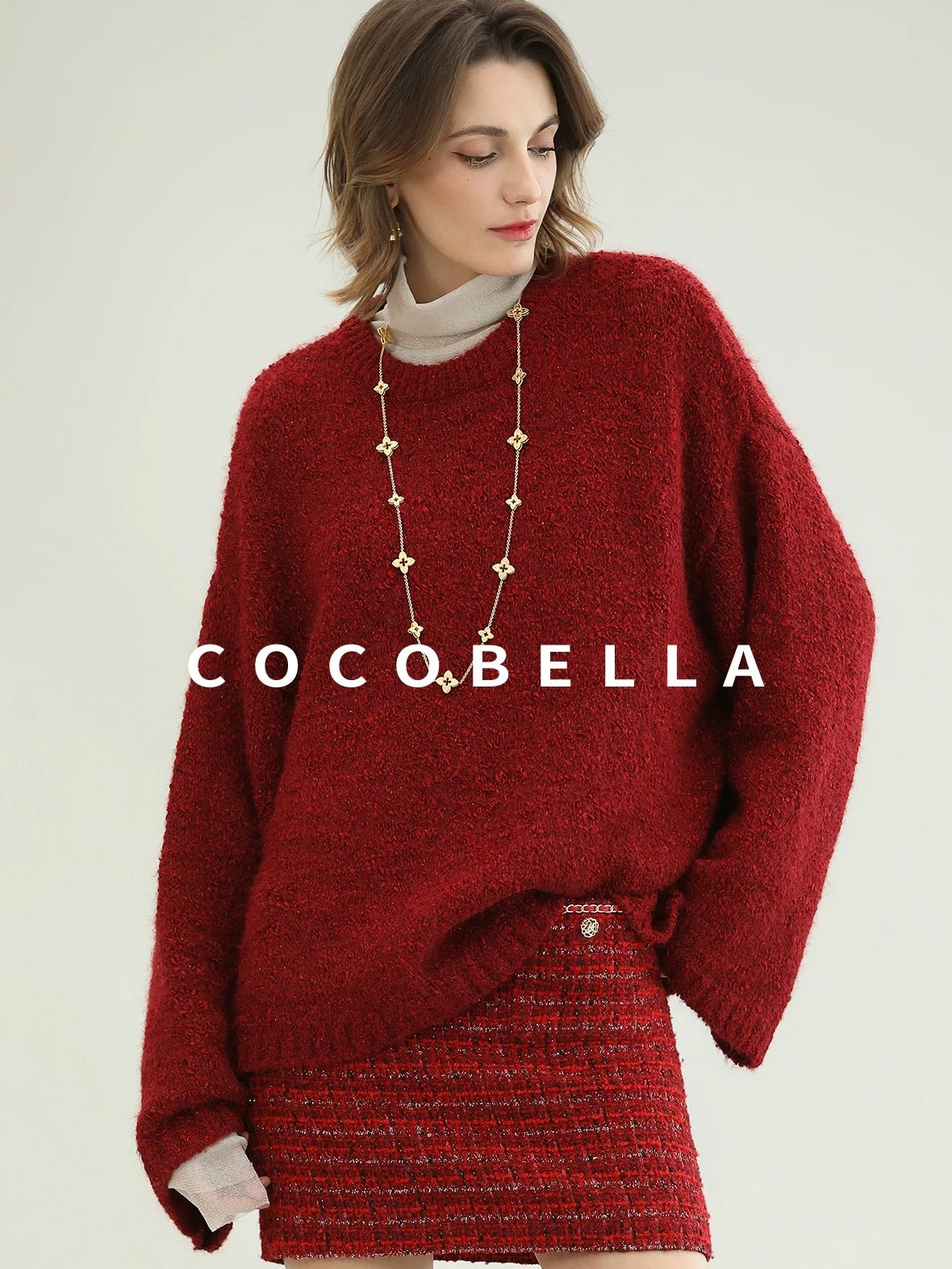 COCOBELLA Ultra Soft Stretch Minimal H Silhouette Long Sleeve Knit Cherry Red Dresses