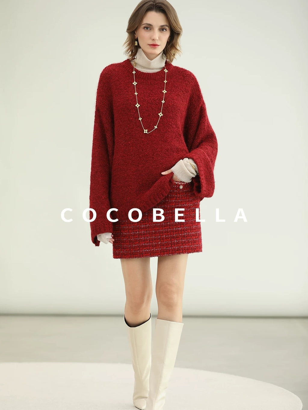 COCOBELLA Ultra Soft Stretch Minimal H Silhouette Long Sleeve Knit Cherry Red Dresses