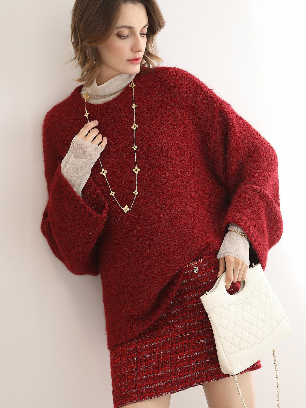 COCOBELLA Ultra Soft Stretch Minimal H Silhouette Long Sleeve Knit Cherry Red Dresses