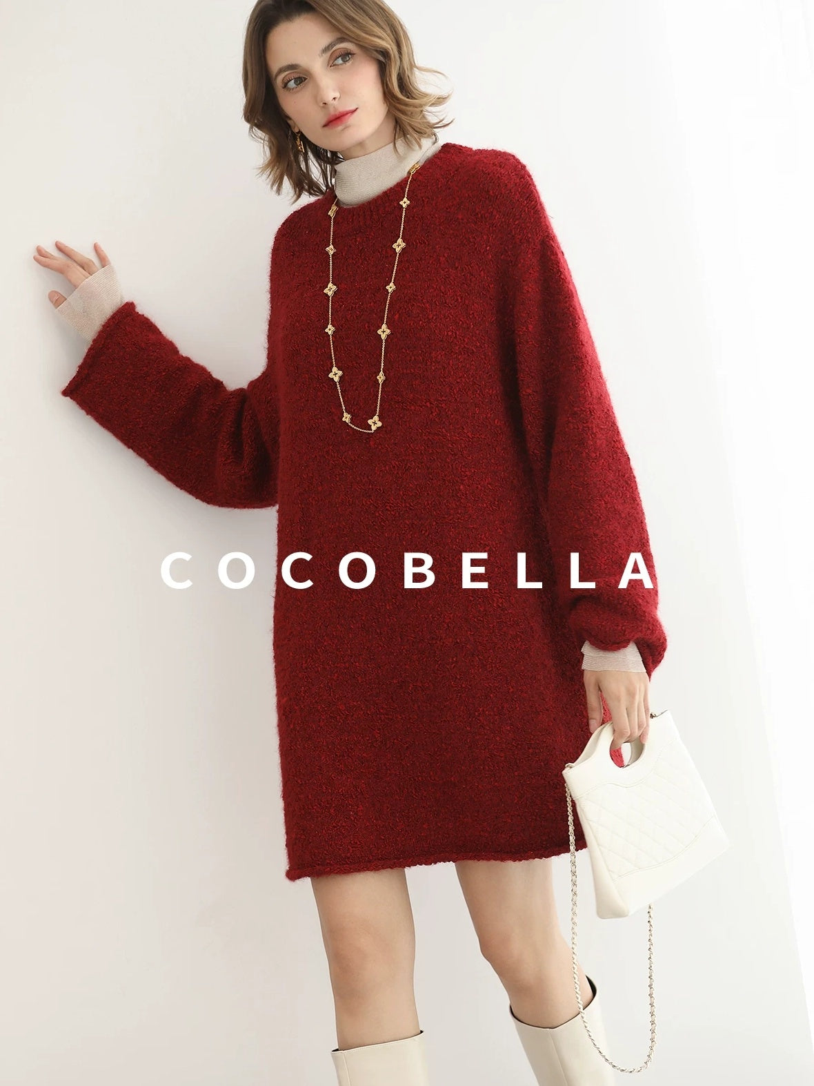COCOBELLA Ultra Soft Stretch Minimal H Silhouette Long Sleeve Knit Cherry Red Dresses