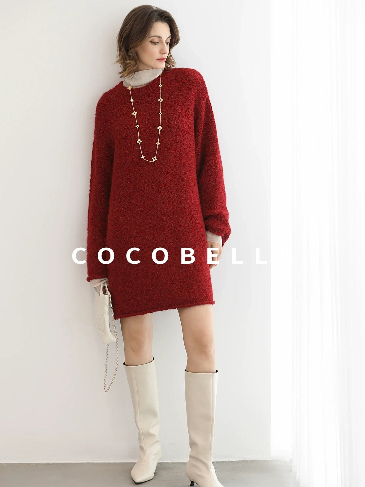 COCOBELLA Ultra Soft Stretch Minimal H Silhouette Long Sleeve Knit Cherry Red Dresses