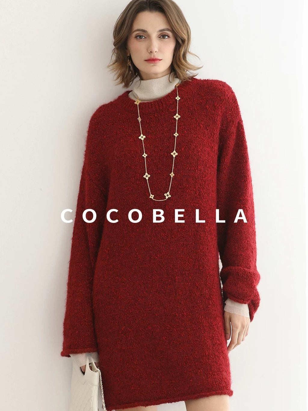 COCOBELLA Ultra Soft Stretch Minimal H Silhouette Long Sleeve Knit Cherry Red Dresses