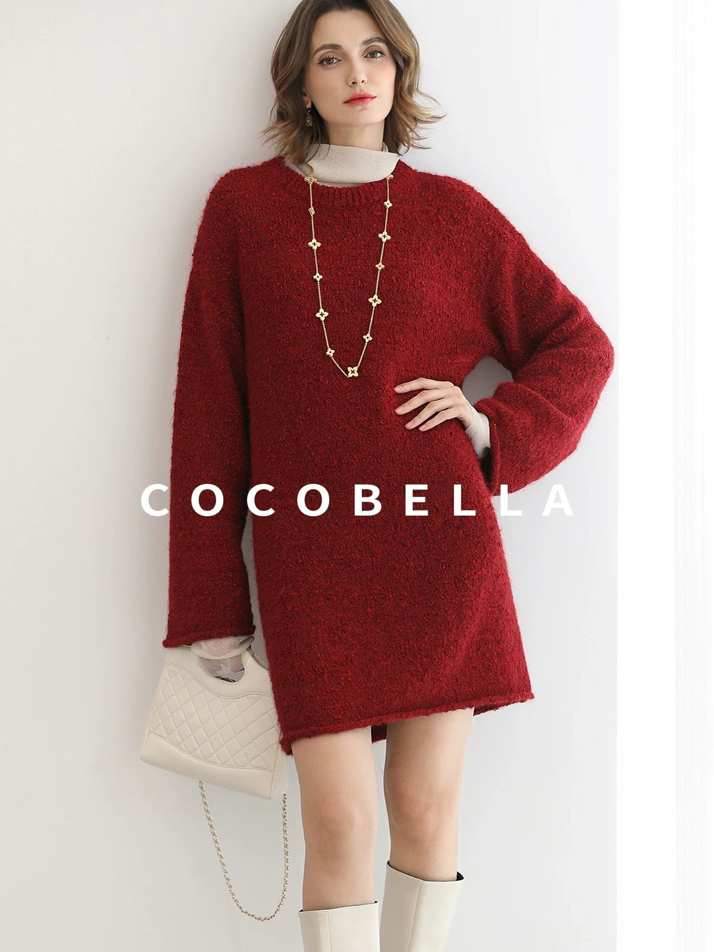 COCOBELLA Ultra Soft Stretch Minimal H Silhouette Long Sleeve Knit Cherry Red Dresses