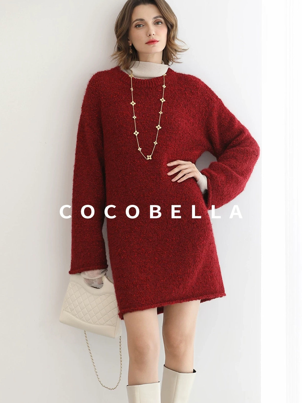 COCOBELLA Ultra Soft Stretch Minimal H Silhouette Long Sleeve Knit Cherry Red Dresses
