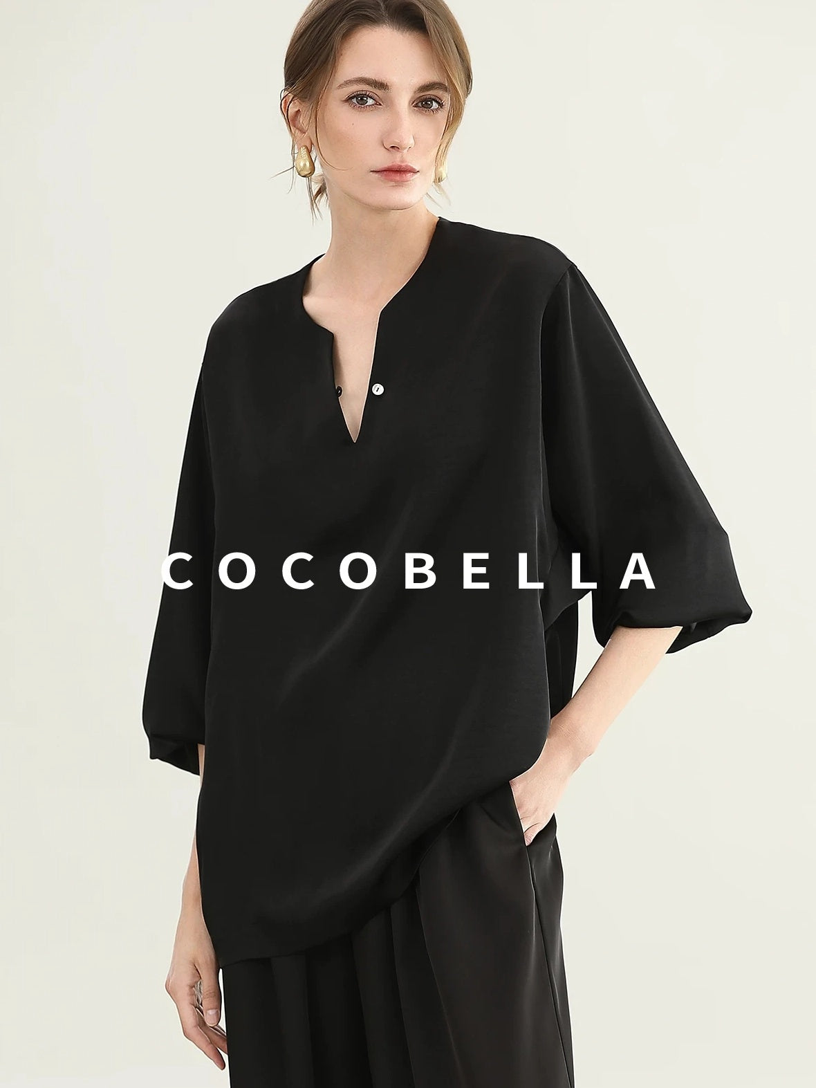 COCOBELLA V Neck Long Sleeve 100% Polyester Straight Fit Office Women Solid Color T-Shirts