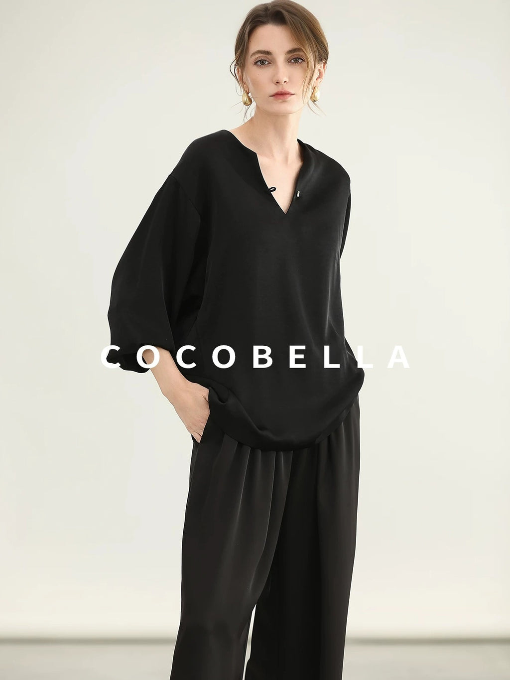 COCOBELLA V Neck Long Sleeve 100% Polyester Straight Fit Office Women Solid Color T-Shirts